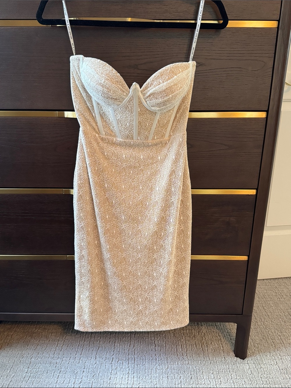 Lace-Textured Strapless Nude Mini Dress with Structured Bust